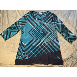 JM Collection Aqua & Navy Blue Print Blouse, Sheer Navy Trim at Hem, XL